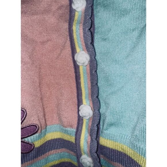 Girls cardigan sweater, green, pink and purple with embroidered fruit and heart - Picture 4 of 6